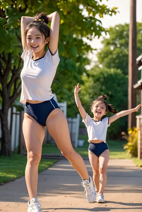 (masterpiece, highest quality),masterpiece, best quality, ultra detailed, cinematic lighting, golden hour sunset, nostalgic and energetic atmosphere,
a cheerful black-haired cute girl with a high ponytail runs at the front of her friends, holding a thin ...