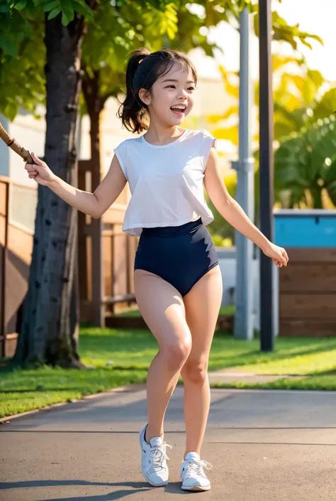 (masterpiece, highest quality),masterpiece, best quality, ultra detailed, cinematic lighting, golden hour sunset, nostalgic and energetic atmosphere,
a cheerful black-haired cute girl with a high ponytail runs at the front of her friends, holding a thin ...