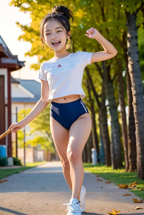 (masterpiece, highest quality),masterpiece, best quality, ultra detailed, cinematic lighting, golden hour sunset, nostalgic and energetic atmosphere,
a cheerful black-haired cute girl with a high ponytail runs at the front of her friends, holding a thin ...