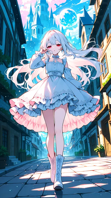 1girl, solo, original, albino girl, red eyes, sleepy, white hair, white eyebrows, (eyelashes:1.2), white frilled skirt, white long boots, town, walking, dynamic angle, anime style, flat color, yume-kawaii, fantasy, celestial, ethereal, masterpiece, best qu...