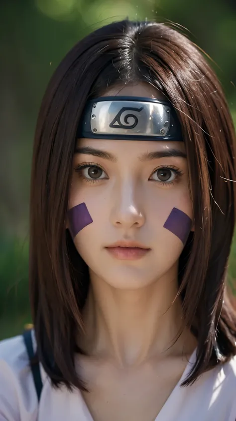 Rin Nohara from Naruto Shippuden in a real-world version, with a Japanese-style face, appearing like a living human. A half-body portrait in Ultra HD quality, ultra realistic, and super detailed. Natural skin texture, lively eyes with soft light reflection...