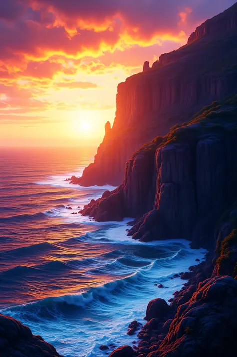 A vast cliff that dominates a Roaring Ocean at Dawn, jagged rocks that stick out of the sea as waves crash against them. The sky is a chaotic storm of bright orange, scorching violet, and smoky indigo, with brutal digital brushstrokes tearing through the h...