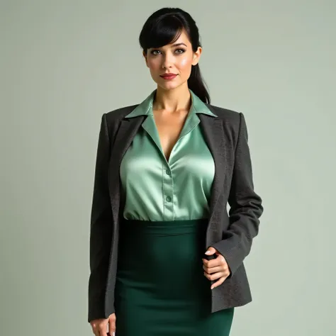 A realistic, high resolution photograph of a beautiful woman in her 40's; full body frontal view facing the camera with her arms at her side, looking at the camera. There is extra space in the photo above her head. She has a luscious, hourglass, fashion mo...