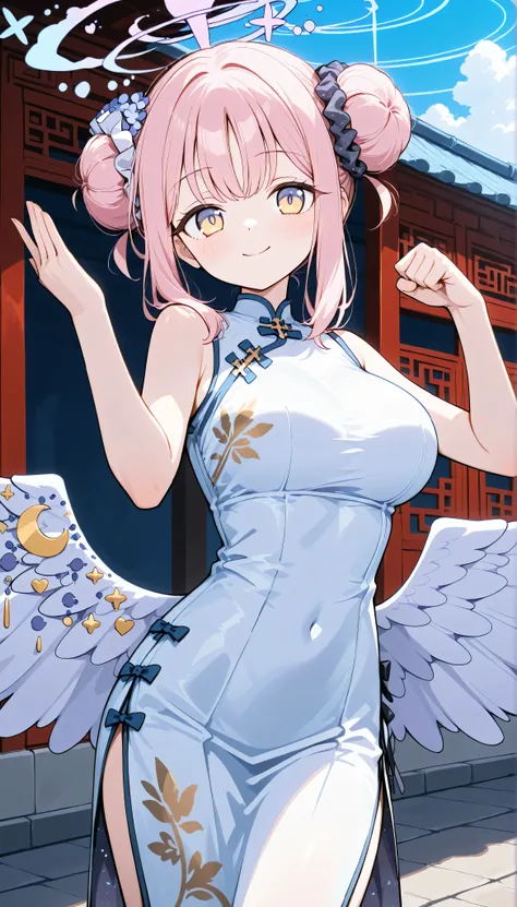 mika (blue archive),yellow eyes,double bun,pink hair,short hair,wings,halo,large breasts, solo, I can see my eyebrows from the inside of my hair, hair between eyes,　 is embarrassing, masterpiece, Best Quality, very aesthetic,　outdoor, china town,　white qip...