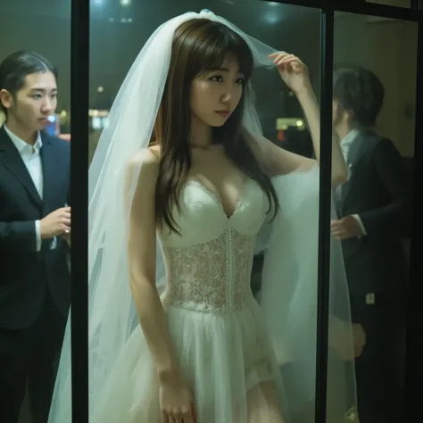 A beautiful woman with a hollow expression wearing a white lace prom mini dress is inside a glass case、white wedding veil、price tag 、Bright Lights、Love Doll Showroom、Gentleman Appreciating Products、1 woman、Details Belly、Beautifully Drawn Face in Every Deta...