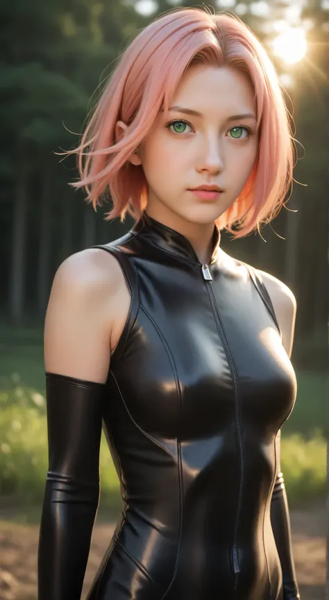 Masterpiece, best quality, 8k, ultra high resolution, photorealistic, cinematic composition,1girl, solo,haruno sakura,emerald eyes,pink hair,short hair,outdoors,potrait,small breast,nature, standing on battlefield,sidelocks,(sunset lighting:1.5),red sunset...