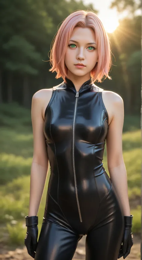 Masterpiece, best quality, 8k, ultra high resolution, photorealistic, cinematic composition,1girl, solo,haruno sakura,emerald eyes,pink hair,short hair,outdoors,potrait,small breast,nature, standing on battlefield,sidelocks,(sunset lighting:1.5),red sunset...