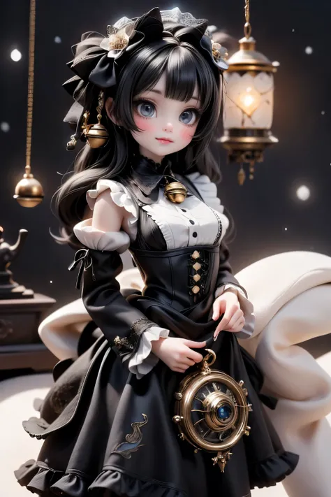 (Senorito Bonita:1.3), twirling alone at midnight in the Grand Atrium of the Cathedral of Gears. Her gown: deep black velvet with silver-thread holly and ivy motifs, high lace collar, bell-shaped sleeves lined with faintly glowing blue thermal threads. As...