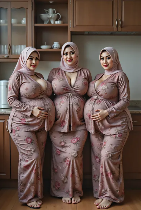3 preggos indonesian girls , hijab, huge belly, huge ass, huge tits , wearing kebaya batik Indonesia,  background in kitchen