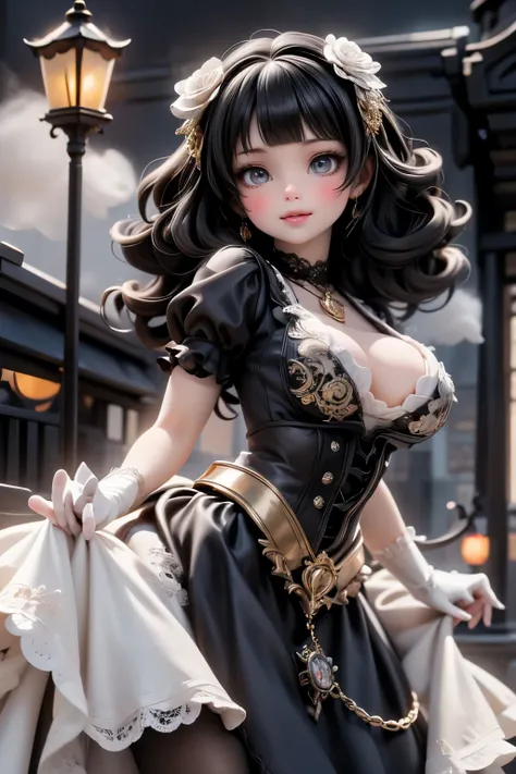 mid-rotation pose, twirling slowly on a frost-dusted brass balcony in the City of Steam and Lights at night. Her voluminous gothic gown — black satin over layers of charcoal tulle with silver gear-embroidered hem — lifts and spirals around her, (black hai...