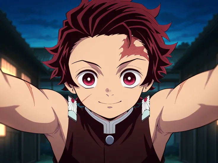 tanjirou_kamado, red hair, red eyes, short hair, scar, facial scar, forehead scar,tanjirou_kamado, red hair, red eyes, Anime style, High resolution, Masterpiece, Best quality, High quality illustration, Best quality, high quality, high detail, Depth of fie...