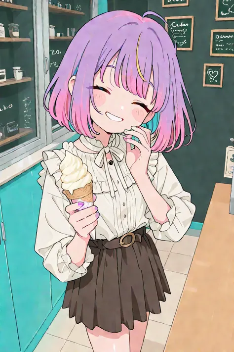 girl with cream colored hair、glossy skin、smiling face、ruffled shirt、fluttering skirt、Holding ice cream in one hand
angle from above(1:6)、very detailed、 zoom angle、Inside the cafe terrace