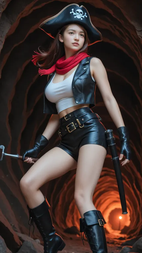 prompt: score_9, score_8_up, score_7_up, realistic, Picture , 1 Japanese High School Student Model、Babyface, beautiful hair, ( Black leather pirate hat worn on the head,  Black leather ten-gallon hat), (WRING A RED COTTON SCARF AROUND YOUR NECK:1.2), Red c...