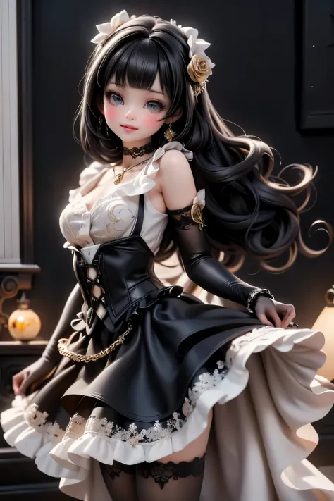 mid-rotation pose, twirling slowly on a frost-dusted brass balcony in the City of Steam and Lights at night. Her voluminous gothic gown — black satin over layers of charcoal tulle with silver gear-embroidered hem — lifts and spirals around her, (black hai...