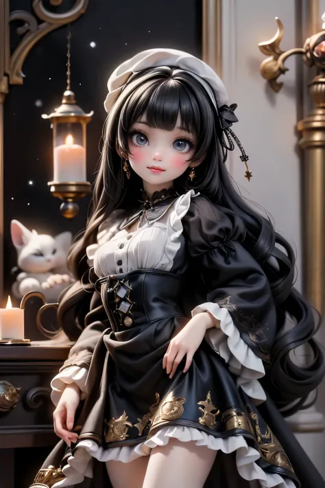 (Senorito Bonita:1.3), twirling alone at midnight in the Grand Atrium of the Cathedral of Gears. Her gown: deep black velvet with silver-thread holly and ivy motifs, high lace collar, bell-shaped sleeves lined with faintly glowing blue thermal threads. As...