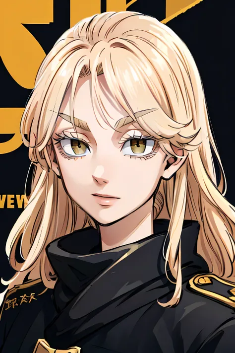 Tokyo Revengers Women's OC ,with long blonde and wavy hair,with a straight fringe and golden eyes and long eyelashes and charming appearance