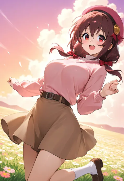 Yunyun konosuba、blush、Highest Quality、Pink beret,light pink sweater,brown skirt,outside、evening、Vast cosmos field、I'm very moved、Open His Mouth、very happy、Stunning、Look back、See later、dances happily、Dance、viewed from below、I'm jumping