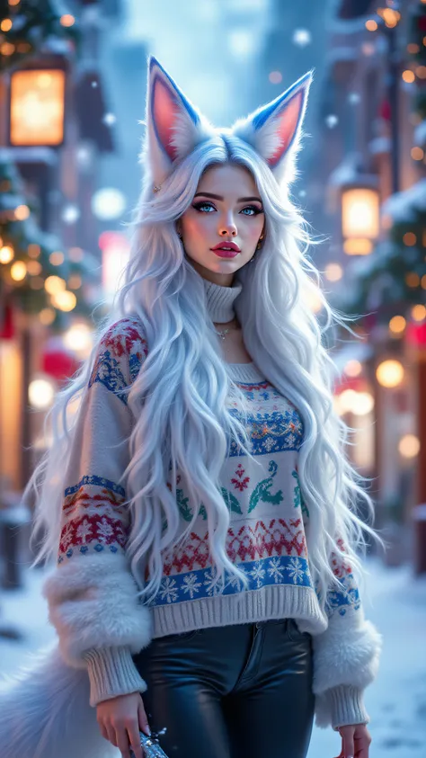 Ultra HD, belle femme,with long white and blue hair, with pretty white and blue fox ears, with pretty blue eyes, with a beautiful white and blue fox tail, Who wears a Christmas sweater, with leather pants, qui tien des sac, dans une ville avec des décorati...