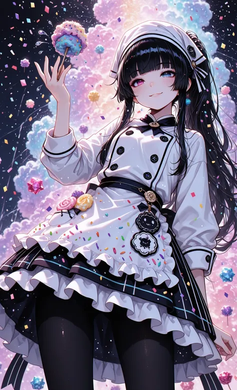 masterpiece, best quality, very aesthetic, absurdres, 1girl, solo, ponytail black hair, hime cut, detailed eyes, heterochromia, leaping pose, throwing handful of colorful candy confetti, swirling storm of sprinkles and sugar crystals, mischievous smile, as...
