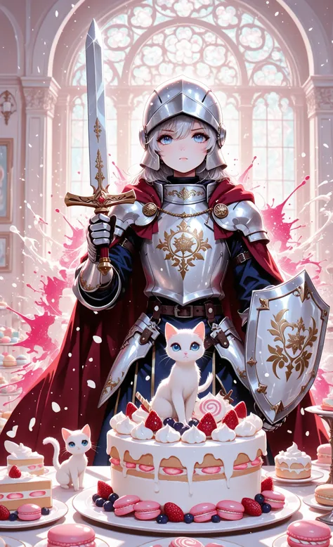 masterpiece, best quality, very aesthetic, absurdres, cartoon style, 1kitten, solo, white kitten, big expressive blue eyes, wearing silver helmet with golden trim, red cape, suit of armor, holding shiny silver sword, shield with cake design, standing among...