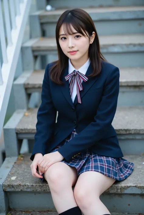 ultra detailed,8k,high resolution,beautiful detailed,high contrast,sharp focus, 50mm, f3,5,
best quality,super hyper realism,realistic,photorealism,(realistic skin:1.2), (exterior emergency staircase:1,3), sitting on stairs,
japanese solo girl, no ma...