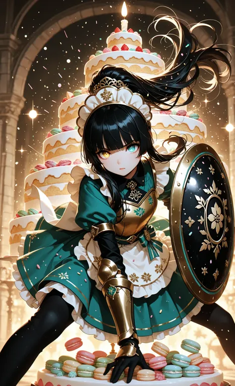 masterpiece, best quality, very aesthetic, absurdres, 1girl, solo, ponytail black hair, hime cut, detailed eyes, heterochromia, in combat stance, creating shield made of layered macarons, deflecting rainbow sprinkles attack, determined expression, pastry a...