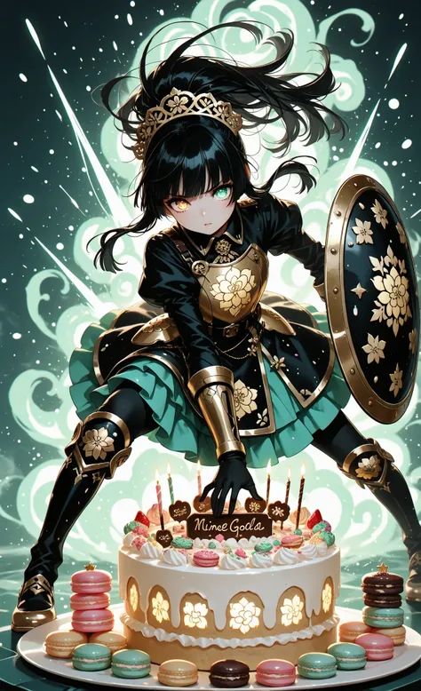 masterpiece, best quality, very aesthetic, absurdres, 1girl, solo, ponytail black hair, hime cut, detailed eyes, heterochromia, in combat stance, creating shield made of layered macarons, deflecting rainbow sprinkles attack, determined expression, pastry a...