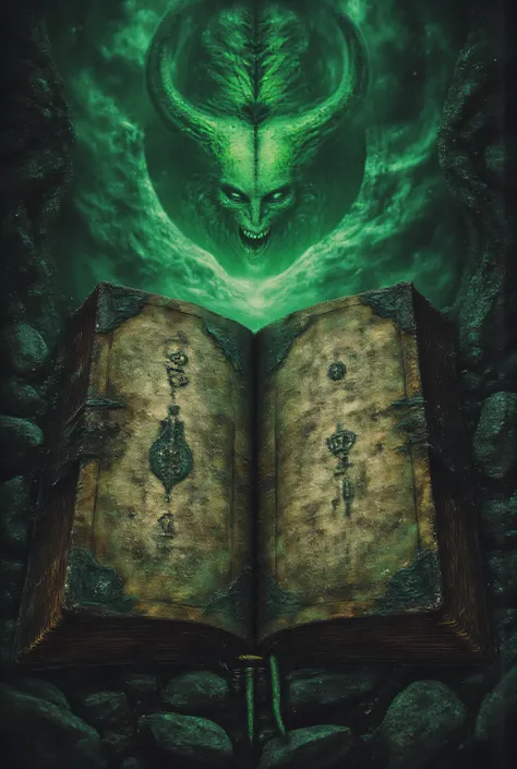 a weathered ancient tome bound in human skin, the Necronomicon rests on an altar of black stone, pages open to forbidden glyphs that seem to move when not directly observed, eldritch symbols glow with sickly green light, tendrils of dark mist rise from the...