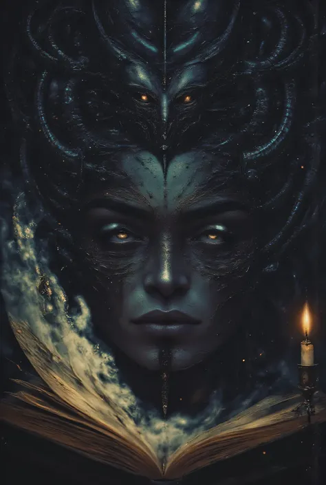 a scholar driven to madness while reading the Necronomicon, his study illuminated by a single candle, shadows forming tentacled shapes on the walls, his eyes transformed to black pools reflecting impossible geometries, veins darkening beneath translucent s...