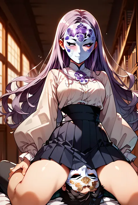 masterpiece, best quality, 1girl, 1boy, whit mask, fox mask, half mask, dark purple long hair, naughty face, looking down, half closed eyes, a long sleeved kimono, a mini skirt, skirt tug down, thick thigh, another head between thighs, (motion line, spee...