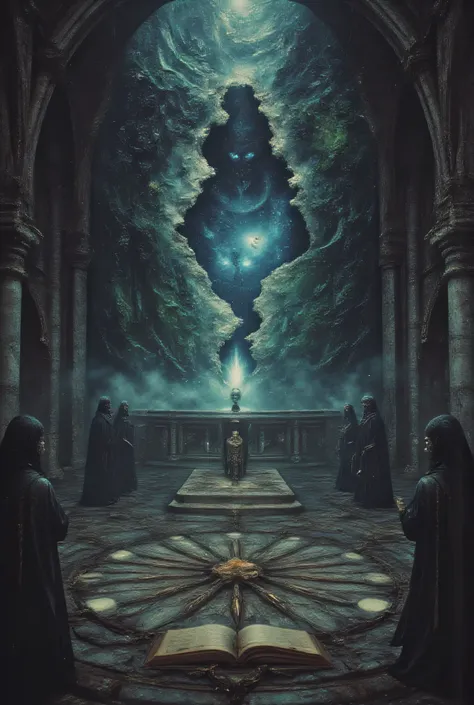 the forbidden ritual from the Necronomicon being performed in an abandoned cathedral, robed figures arranged in a non-euclidean pattern, a tear in reality forming above the altar revealing glimpses of cosmic entities, architecture warping around the dimens...