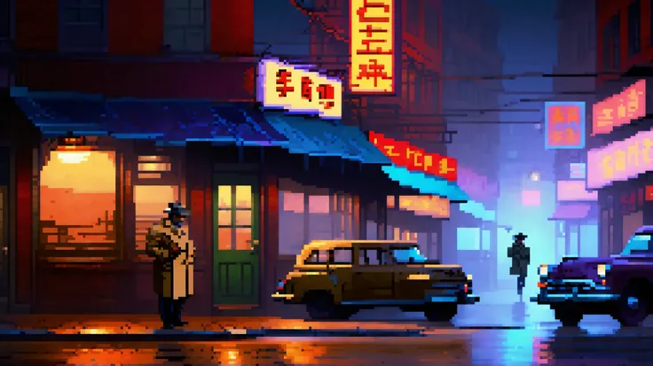Main Subject:
On the left side of the scene, a weary urban detective sits slouched on a worn wooden bench beneath a flickering streetlamp. He wears a rumpled trench coat and a fedora tilted low, casting a shadow over his tired eyes. A faint wisp of smoke r...