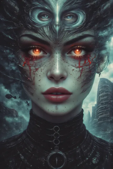A woman's face fractures into multiple overlapping realities, her eyes replaced with swirling vortexes that seem to pull the viewer inward. Blood vessels beneath her skin glow with unearthly light, forming eldritch symbols. The background shows a city skyl...
