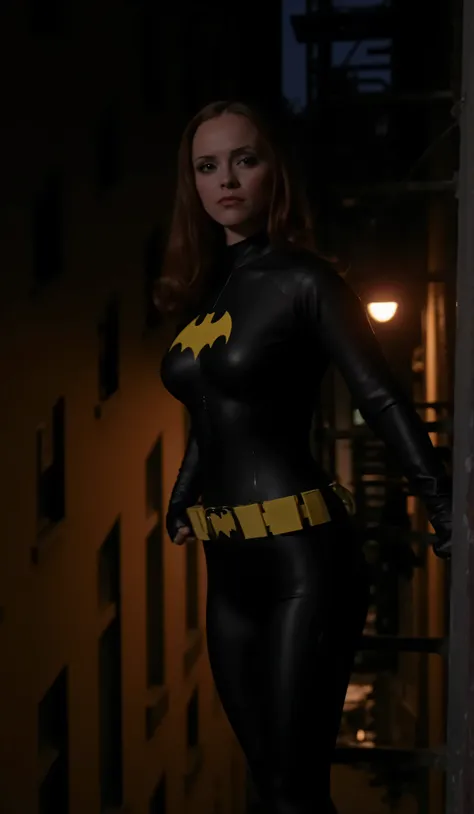 Nighttime. dark , full body shot of Christina Ricci with dark red hair viewed from directly above, dressed as batgirl wearing a full length black bodysuit with a yellow batgirl symbol on the chest, she stands several stories up, on a metal fire escape lad...