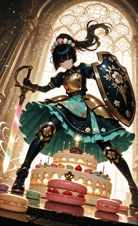 masterpiece, best quality, very aesthetic, absurdres, 1girl, solo, ponytail black hair, hime cut, detailed eyes, heterochromia, in combat stance, creating shield made of layered macarons, deflecting rainbow sprinkles attack, determined expression, pastry a...