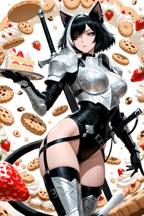 (masterpiece:1.1, best quality, ultra-detailed, 8k),
catgirl warrior, cat ear, two-tone black hair, white hair, tail swishing,
expressionless with one eye half-closed,
sheathed sword on back, sword strapped to back,
cookies-and-cream armor with cookie pla...