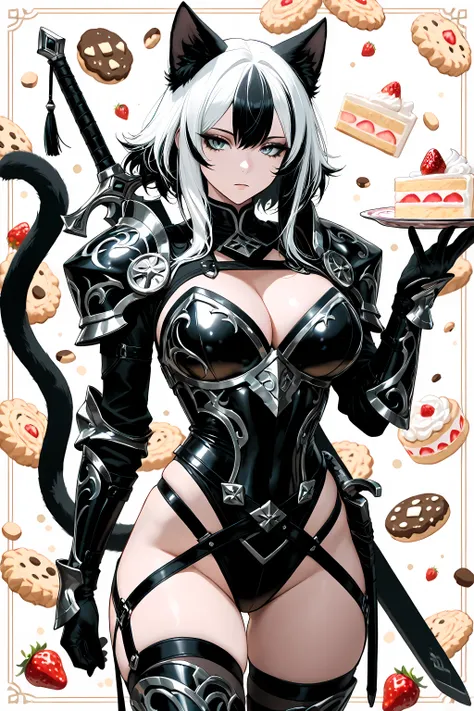 (masterpiece:1.1, best quality, ultra-detailed, 8k),
catgirl warrior, cat ear, two-tone black hair, white hair, tail swishing,
expressionless with one eye half-closed,
sheathed sword on back, sword strapped to back,
cookies-and-cream armor with cookie pla...