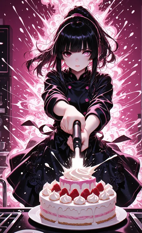 masterpiece, best quality, very aesthetic, absurdres, 1girl, solo, ponytail black hair, hime cut, detailed eyes, heterochromia, wearing elegant black chef uniform with lace apron, dramatic spinning pose, wielding cake decorating bag like a weapon, powerful...