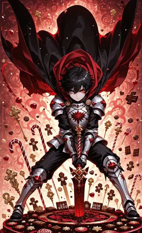 masterpiece, best quality, very aesthetic, absurdres, 1boy, solo, spiked black hair, heterochromia, wielding giant candy cane sword, parrying chocolate bar projectiles, armored with gingerbread plates, determined battle expression, dynamic cape movement, s...