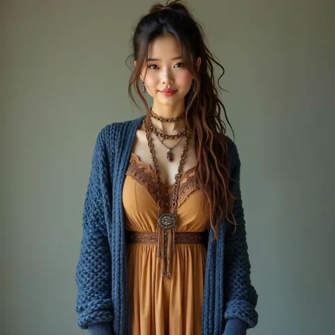 A realistic, high resolution photograph of a beautiful Asian woman in her 20's; full body frontal view facing the camera with her arms at her side, looking at the camera. There is extra space in the photo above her head. She has a hourglass, fashion model ...