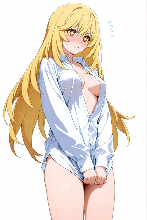 medium breasts、(((shokuhou misaki)))、standing、from front、embarrassed、white background、simple background、open shirt、white shirt、covering crotch、cowboy shot、bare legs