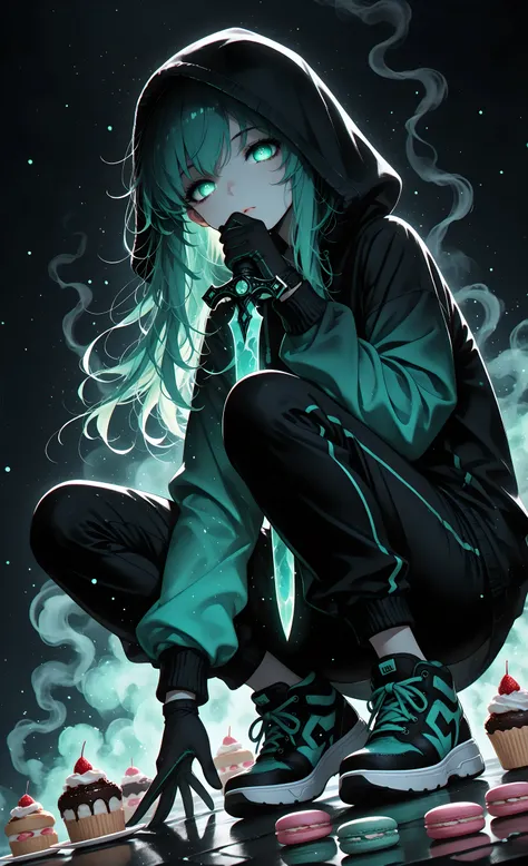 masterpiece, best quality, amazing quality, very aesthetic, newest, highres, hood, solo, 1girl, girl focus, squatting, hood up, hoodie, looking at viewer, glowing eyes, black pants, sneakers, gloves, smoke, long sleeves, dark background, hand on ground, ho...