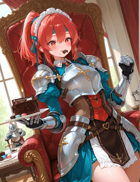 Spectacular 8K Digital Painting, Masterpiece Quality, ULTRA DETAIL, petite, curvy girl in cowboy shot (angle above waist), Cute knight girl, tiny frame swallowed by ornate plate armor, triumphantly perched on a velvet chair. Both fists grip massive chocol...