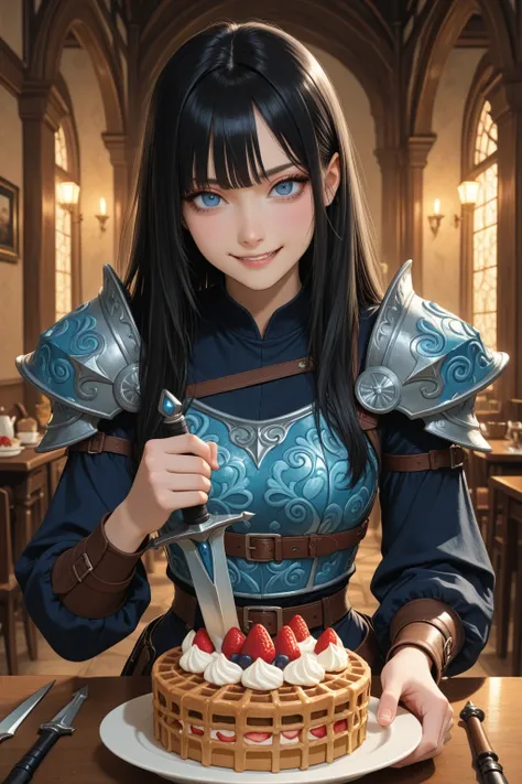 high quality, masterpiece, detailed, 1 girl, long black hair, blue eyes sleeve top, cunning smile, dessert style armor, cake elements on armor, cream patterns, waffle details, holds the cake in his left hand, a sharp dagger in his right hand, pointed at th...
