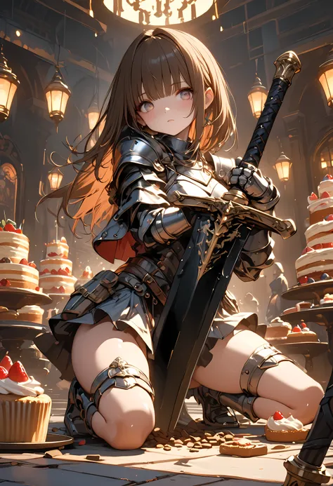 (((Knight of Cakes)))、The personification of a cake、Cookie Armor 、((big black sword))、((swordsman))、There's a big sword stuck in the floor、Beautiful girl、brown hair、Candy Castle、 Cookie Bricks,The Knights in Armor、strong pose、Cream dances、Lantern Light、(ma...