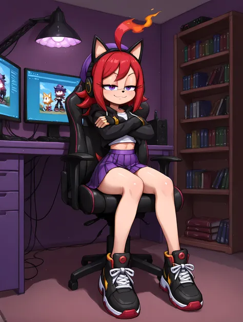 ((High side angle, incredibly detailed art, Sonic style:1.11)), ((gamer's room: computer, bookshelf with books, room lit by a lamp, Half-closed eyes, lilac hat, black gloves with ruby in the center, close to the observer, black headphones with lilac ligh...