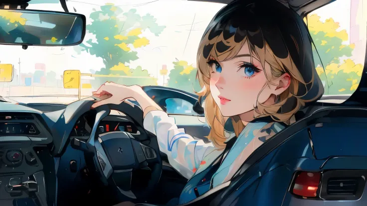 While driving、Night City、year zero、solo blond woman、hair shortcut、midnight、Blond woman with blue eyes and eyes、4K high resolution、Ultra Fine、vibrant colors、Realistic、HDR、UHD、studio lighting、super fine painting、sharp focus、physical based rendering、extreme d...
