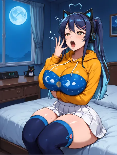 ((Incredibly detailed art, high side angle, long blue hair:1.12, extreme close-up:1.05)), ((Long blue hair with unruly ends, light blue light in the headphones, bright white streaks at the ends of the hair, blue moon design in the middle of the jacket, sit...