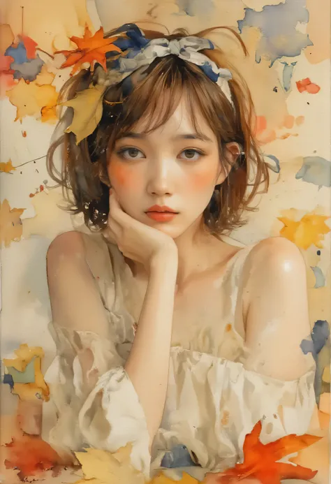 full body drawing of a girl watercolor painting,  Autumn theme、ink stained background, apparent sketch、Honda Tsubasa