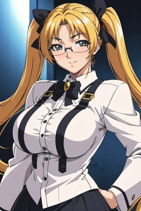 anime style, upper body portrait, young glamorous Japanese female scientist with golden twin tails, large round glasses, wearing oversized white lab coat over black blouse and tight skirt, mischievous smile, photorealistic anime lighting, masterpiece, 8k, ...